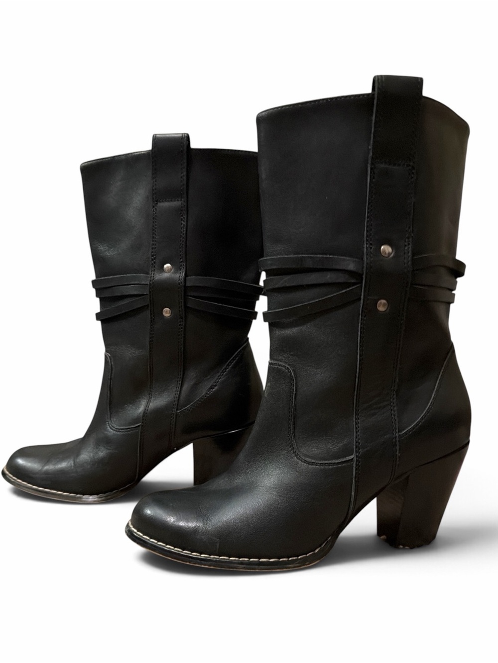Seychelles Black Leather Strappy Accent Heeled Mid-Calf Boots 7.5